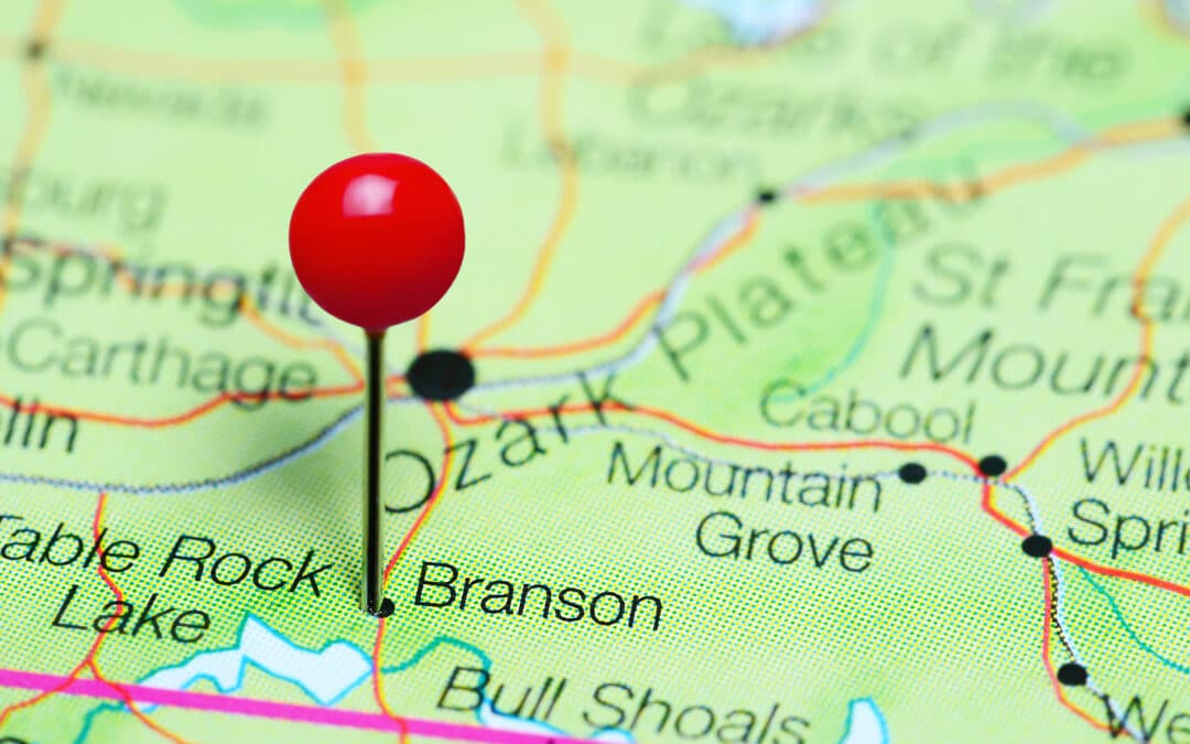 Branson pinned on a map of Missouri, USA